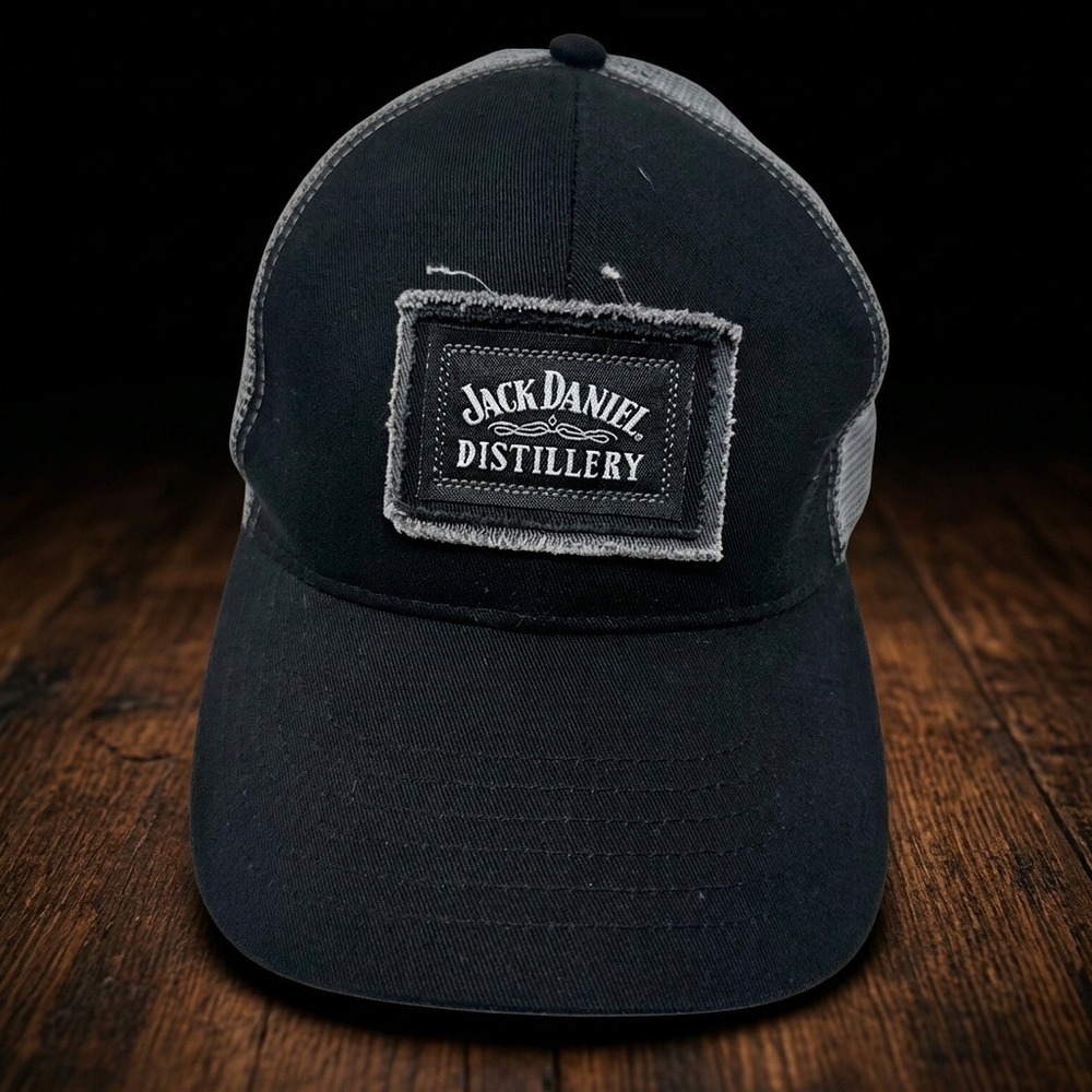 Jack Daniels Distillery Trucker Hat Black Gray Mesh Snapback Whiskey Patch Cap